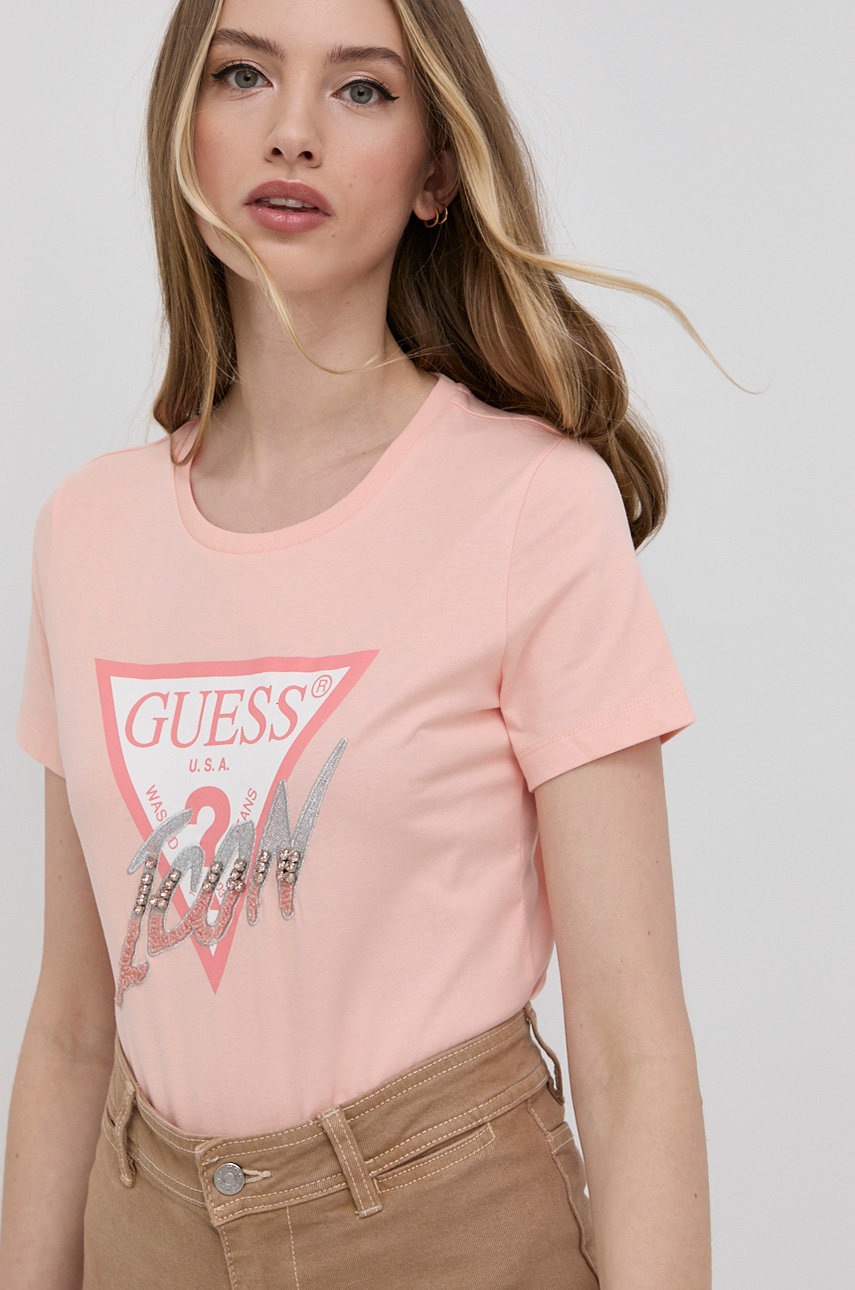 

Памучна тениска Guess в оранжево, Оранжев