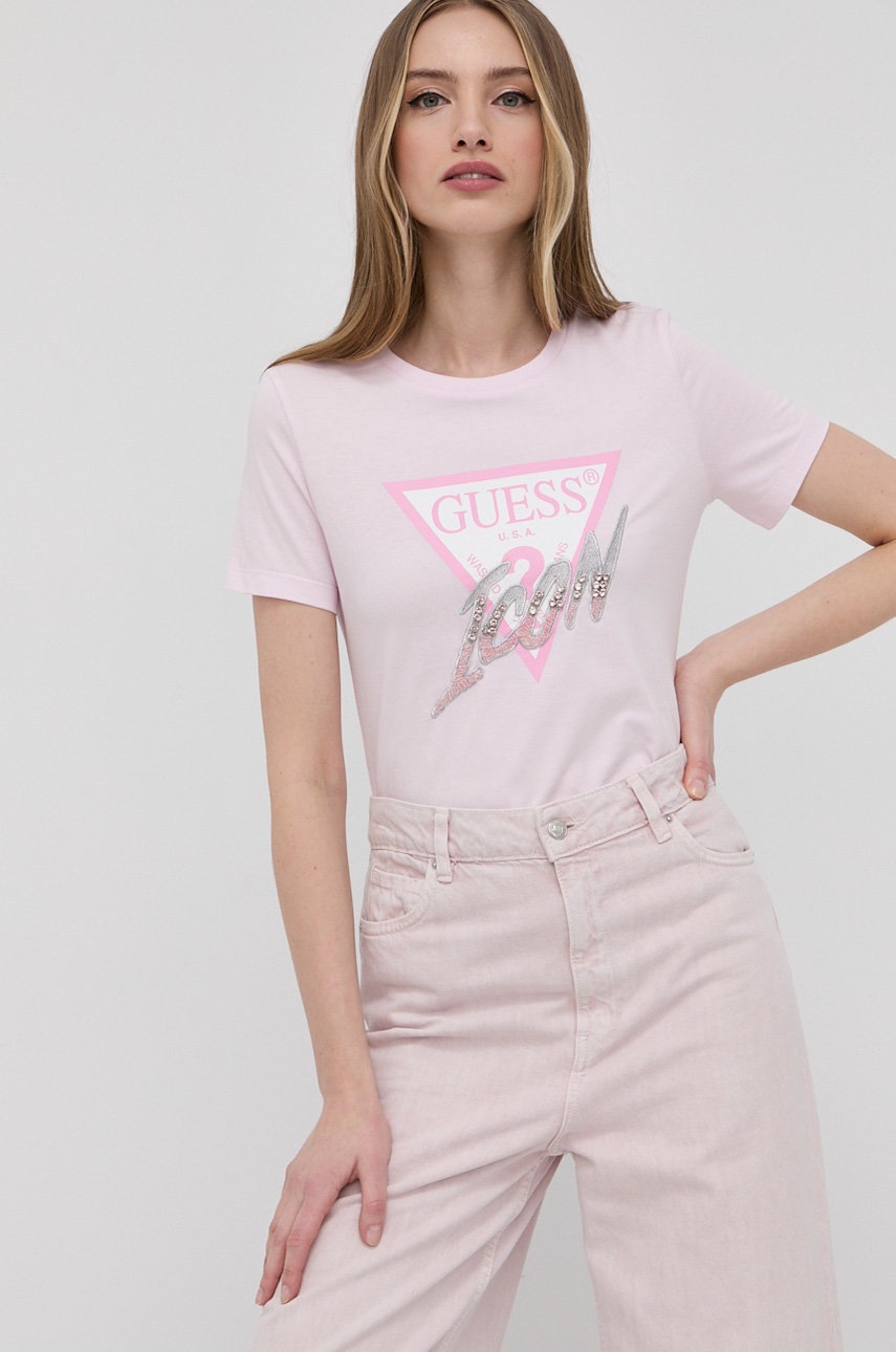 

Памучна тениска Guess в розово, Розов