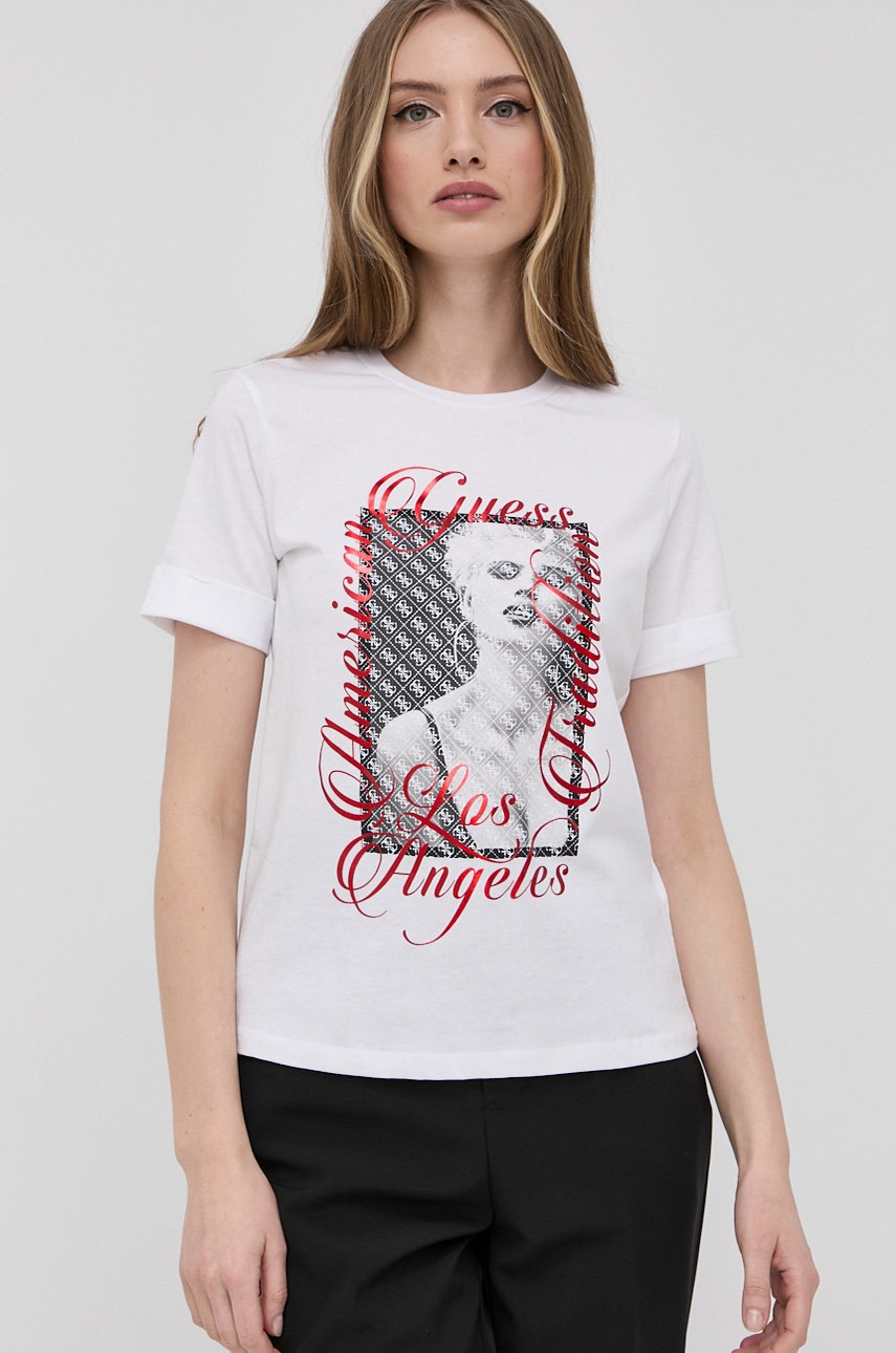 

Памучна тениска Guess в бяло, Бял