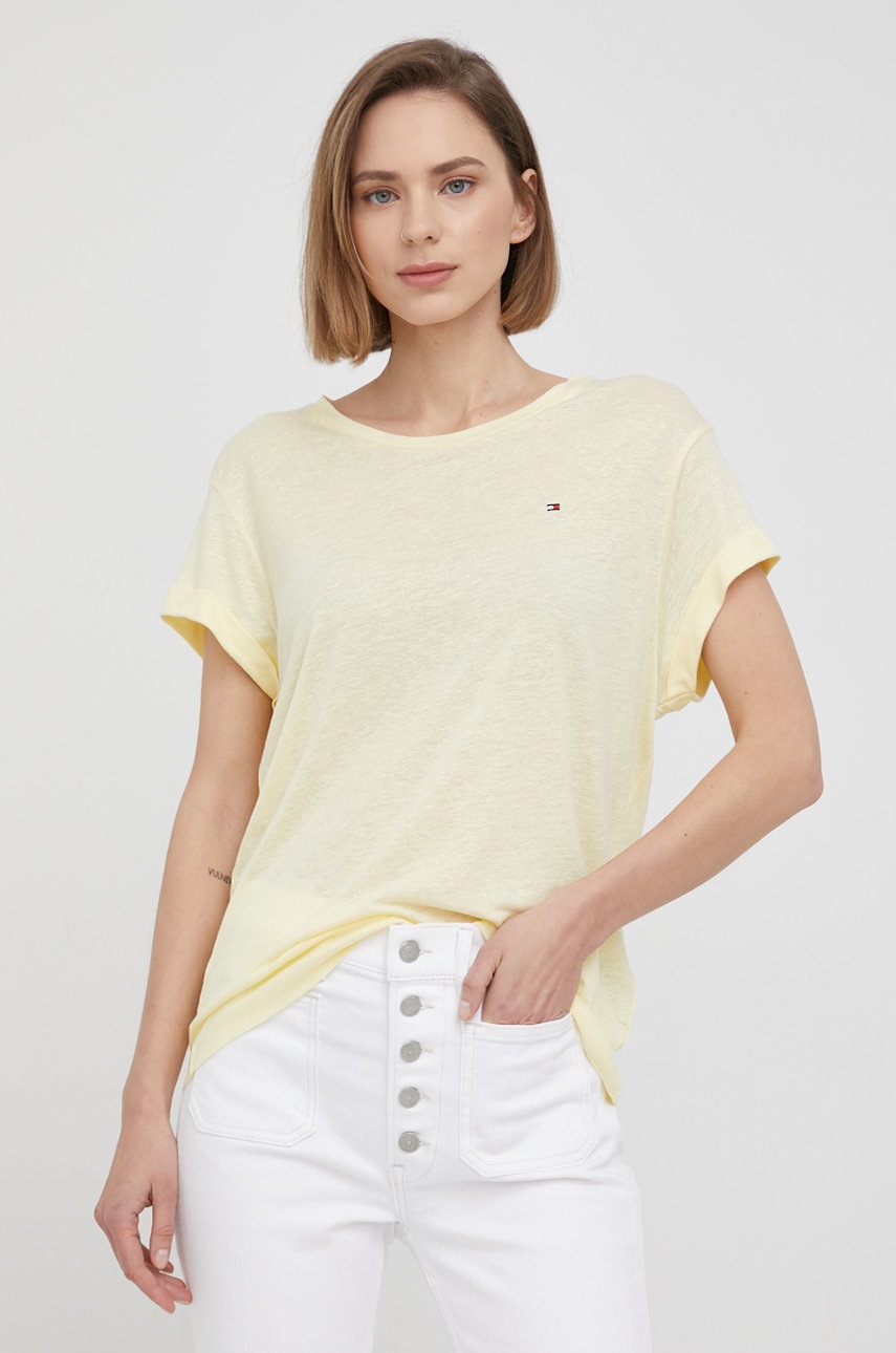

Тениска с лен Tommy Hilfiger в жълто, Жълт