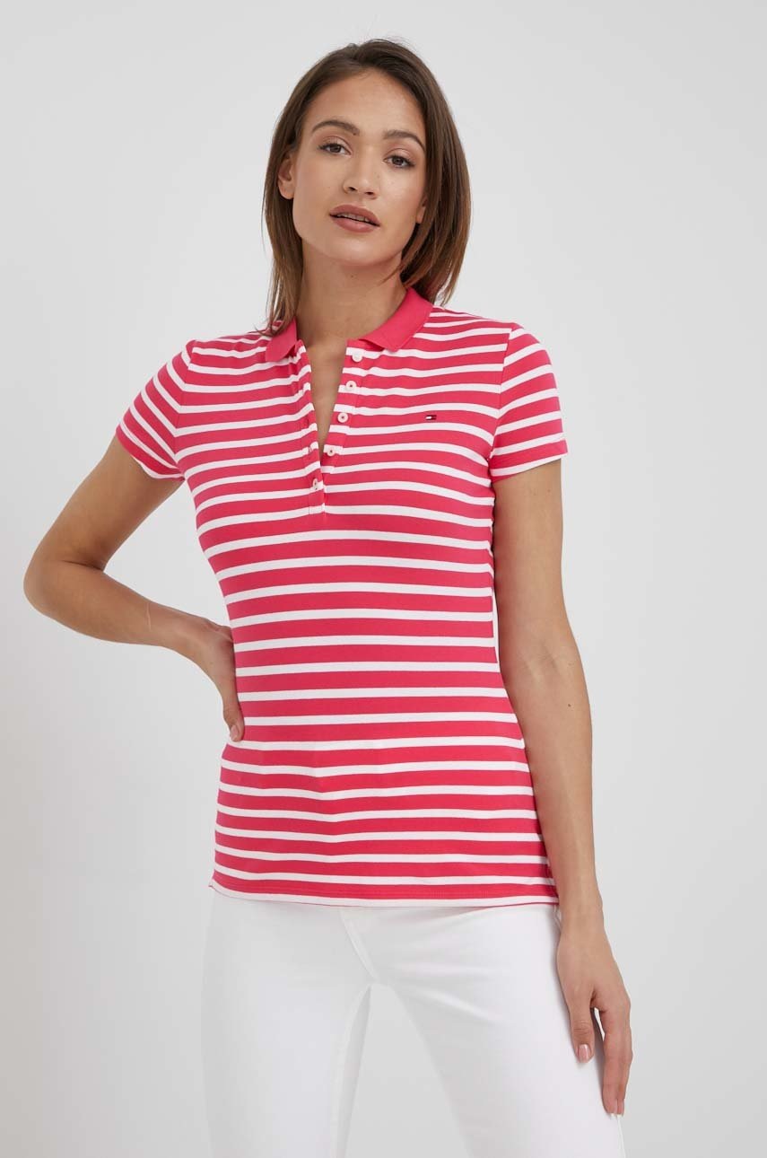 

Тениска Tommy Hilfiger дамски в розово с яка тип peter pan, Розов