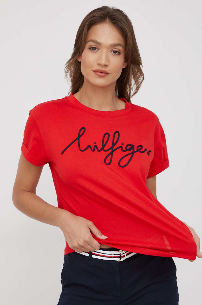 

Памучна тениска Tommy Hilfiger в червено, Червен
