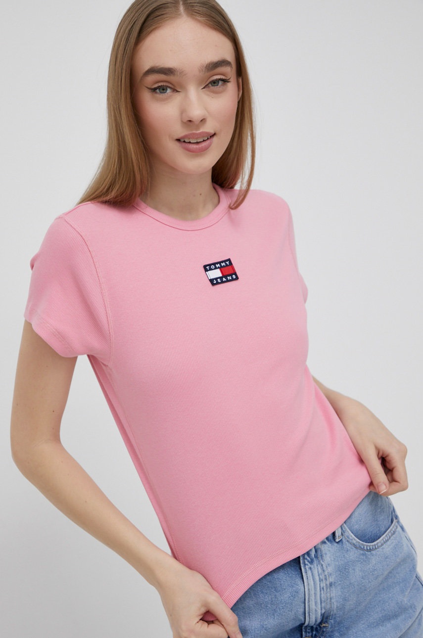 

Тениска Tommy Jeans дамска в розово, Розов