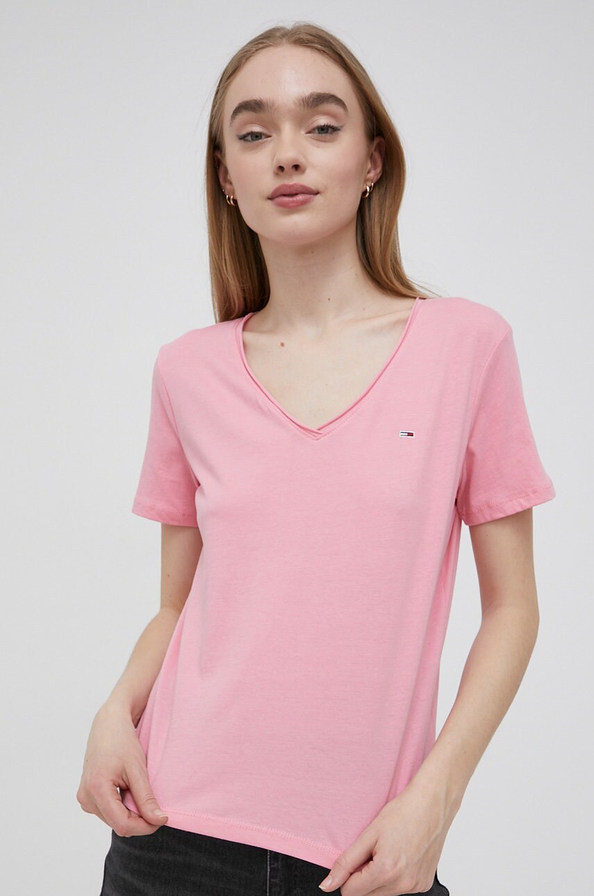 

Памучна тениска Tommy Jeans в розово, Розов