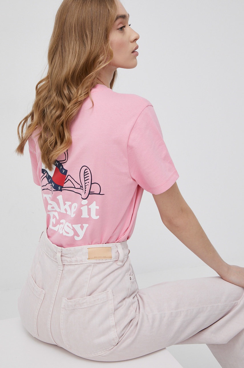 

Памучна тениска Tommy Jeans в розово, Розов