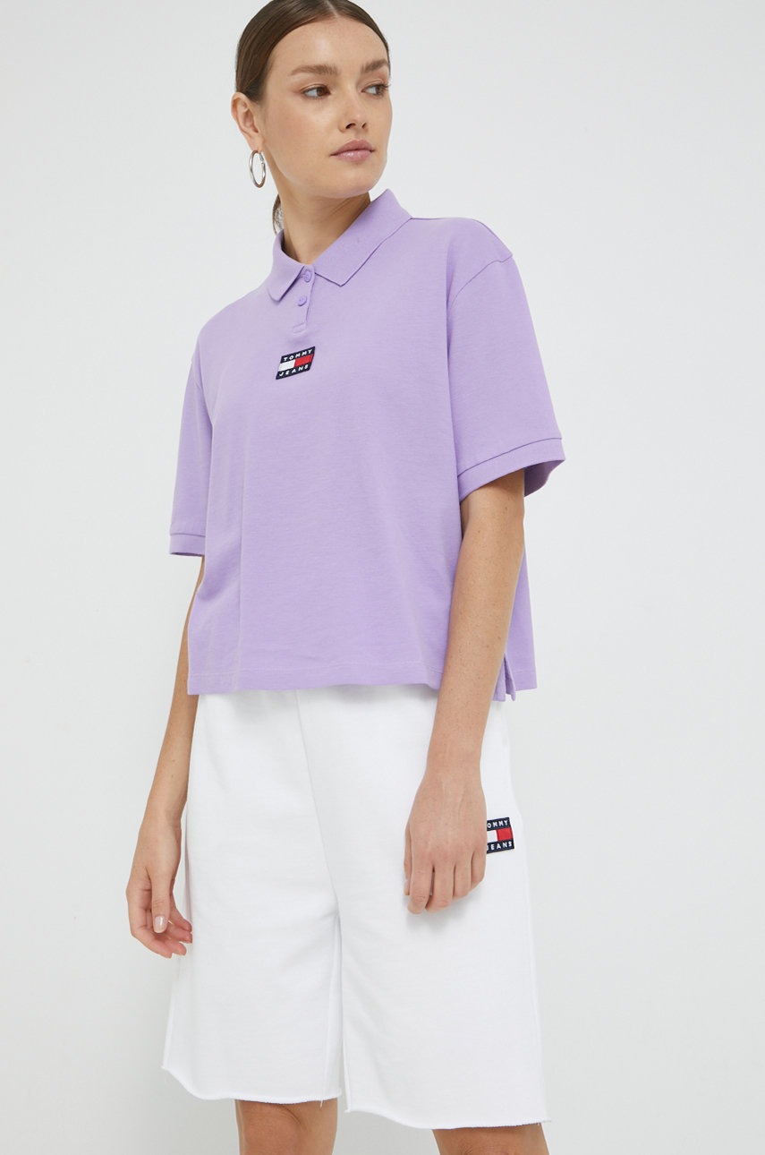 

Памучна тениска с яка Tommy Jeans в лилаво с яка тип peter pan, Виолетов