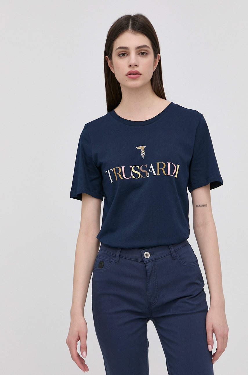 

Памучна тениска Trussardi в тъмносиньо, Тъмносин