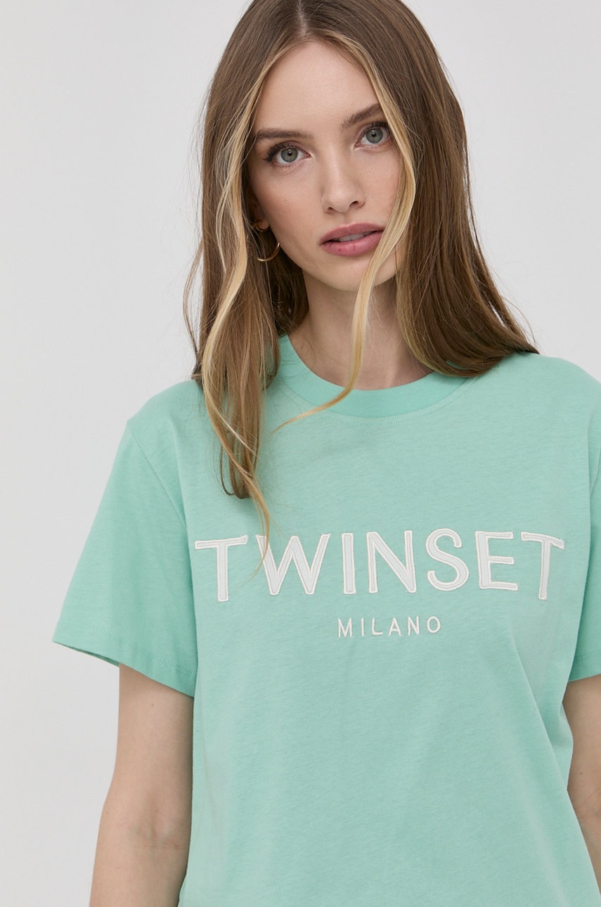 

Памучна тениска Twinset в тюркоазено, Тюркоазен