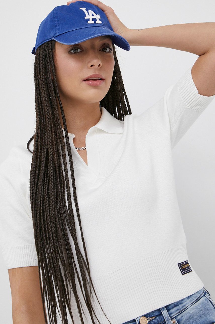 Superdry pulover femei, culoarea alb imagine reduceri black friday 2021 Alb