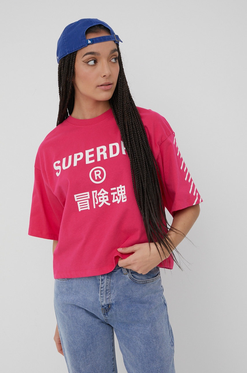 

Памучна тениска Superdry в розово, Розов