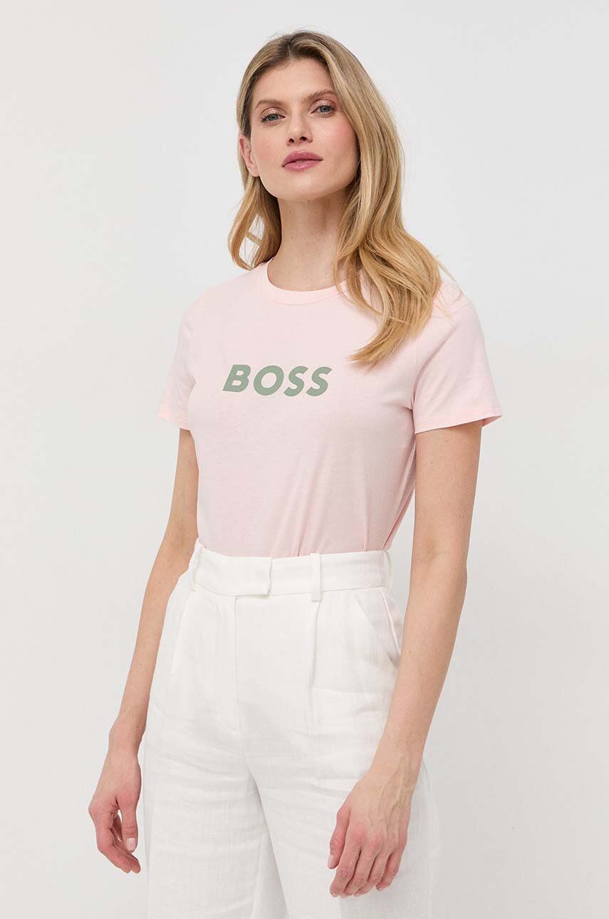 Bavlněné tričko BOSS růžová barva, 50468356
