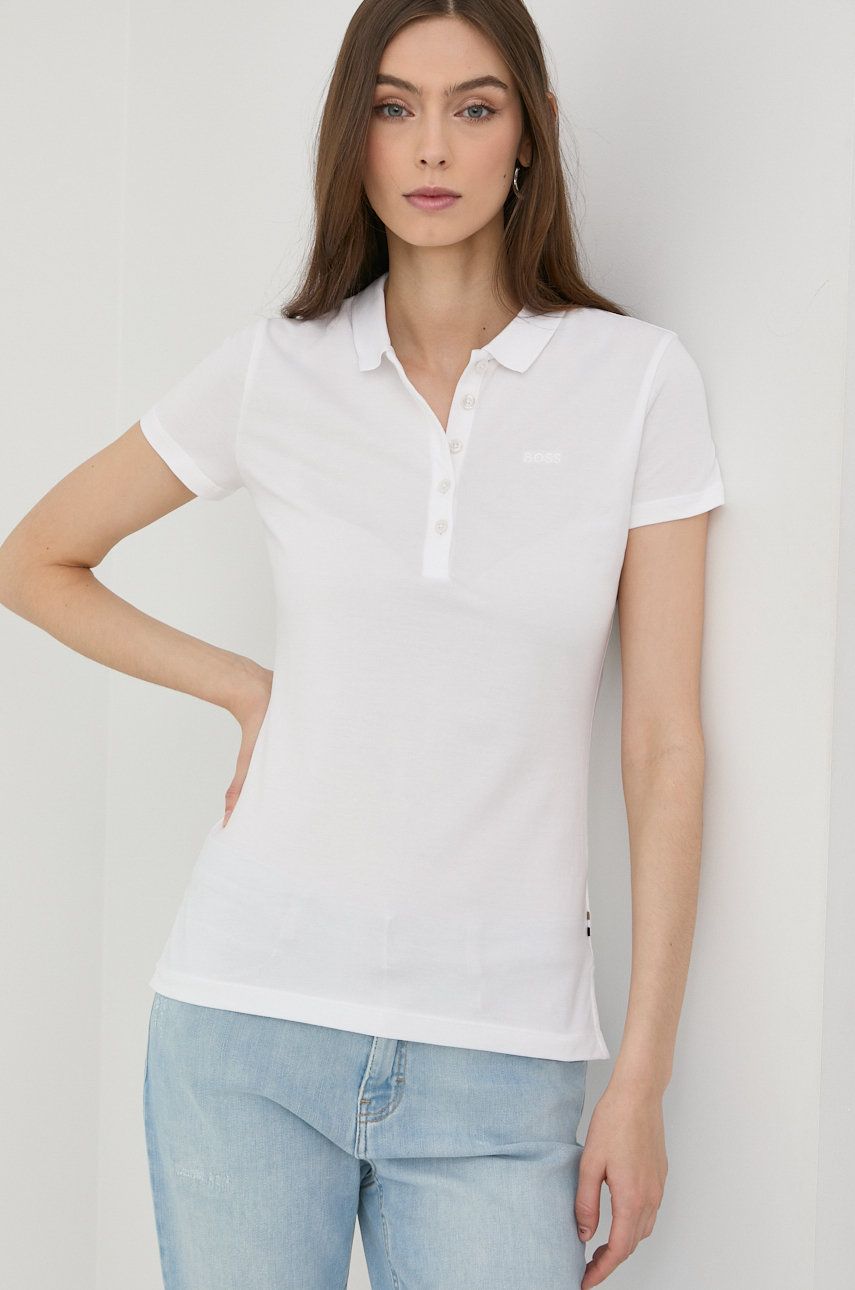 Levně Bavlněné tričko BOSS bílá barva, s límečkem, 50475176
