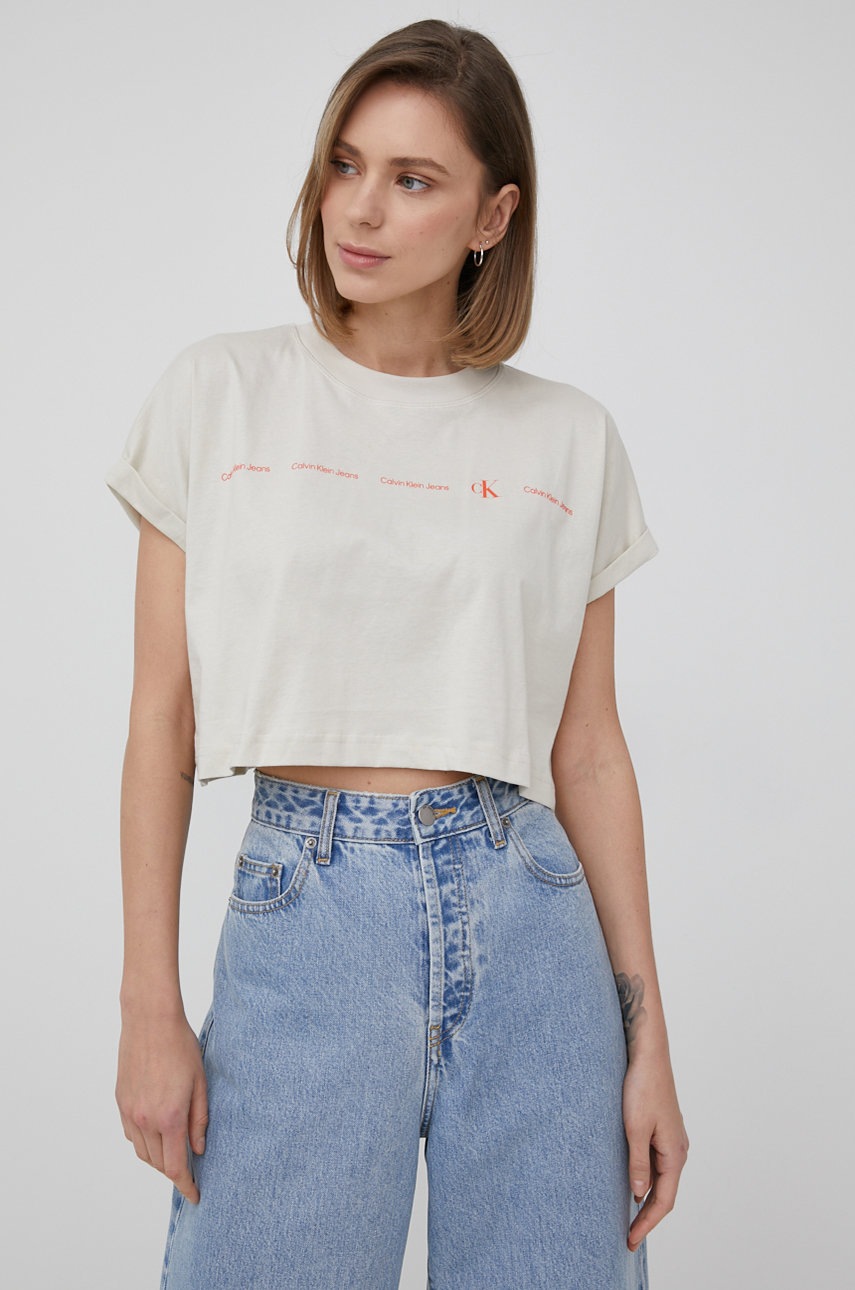 

Памучна тениска Calvin Klein Jeans в бежово, Бежов