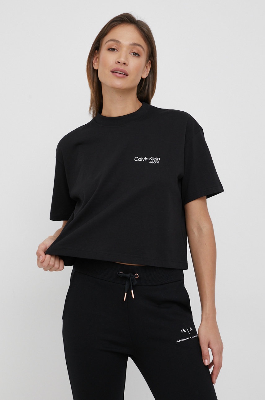 

Памучна тениска Calvin Klein Jeans в черно, Черен