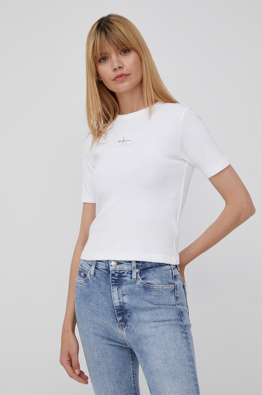 

Памучна тениска Calvin Klein Jeans в бяло, Бял