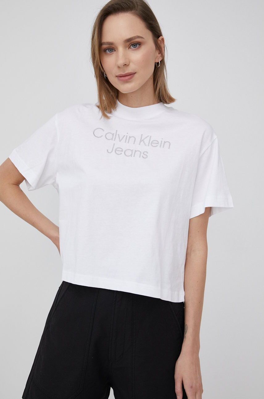 

Памучна тениска Calvin Klein Jeans в бяло, Бял