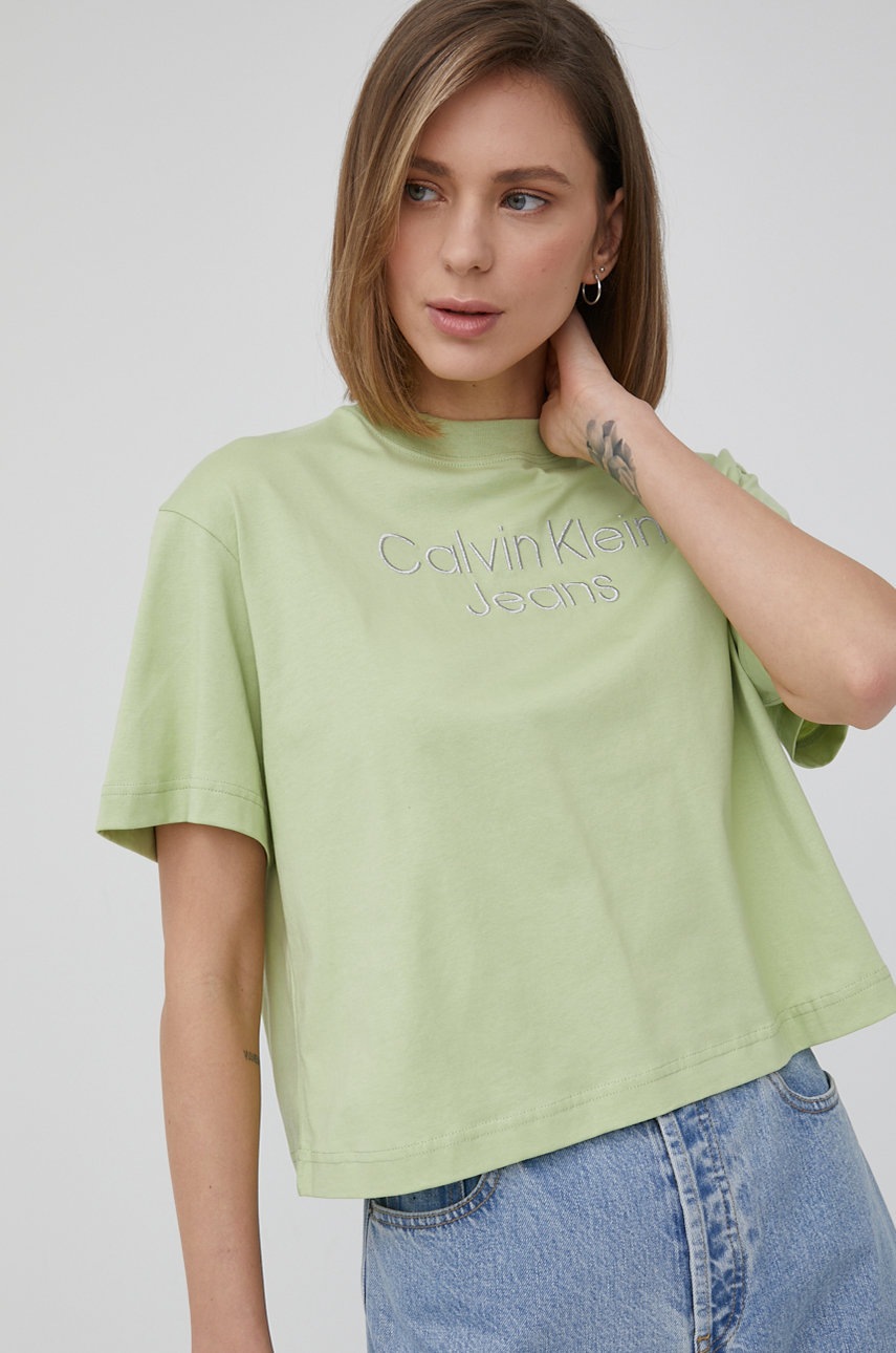 

Памучна тениска Calvin Klein Jeans в зелено, Зелен