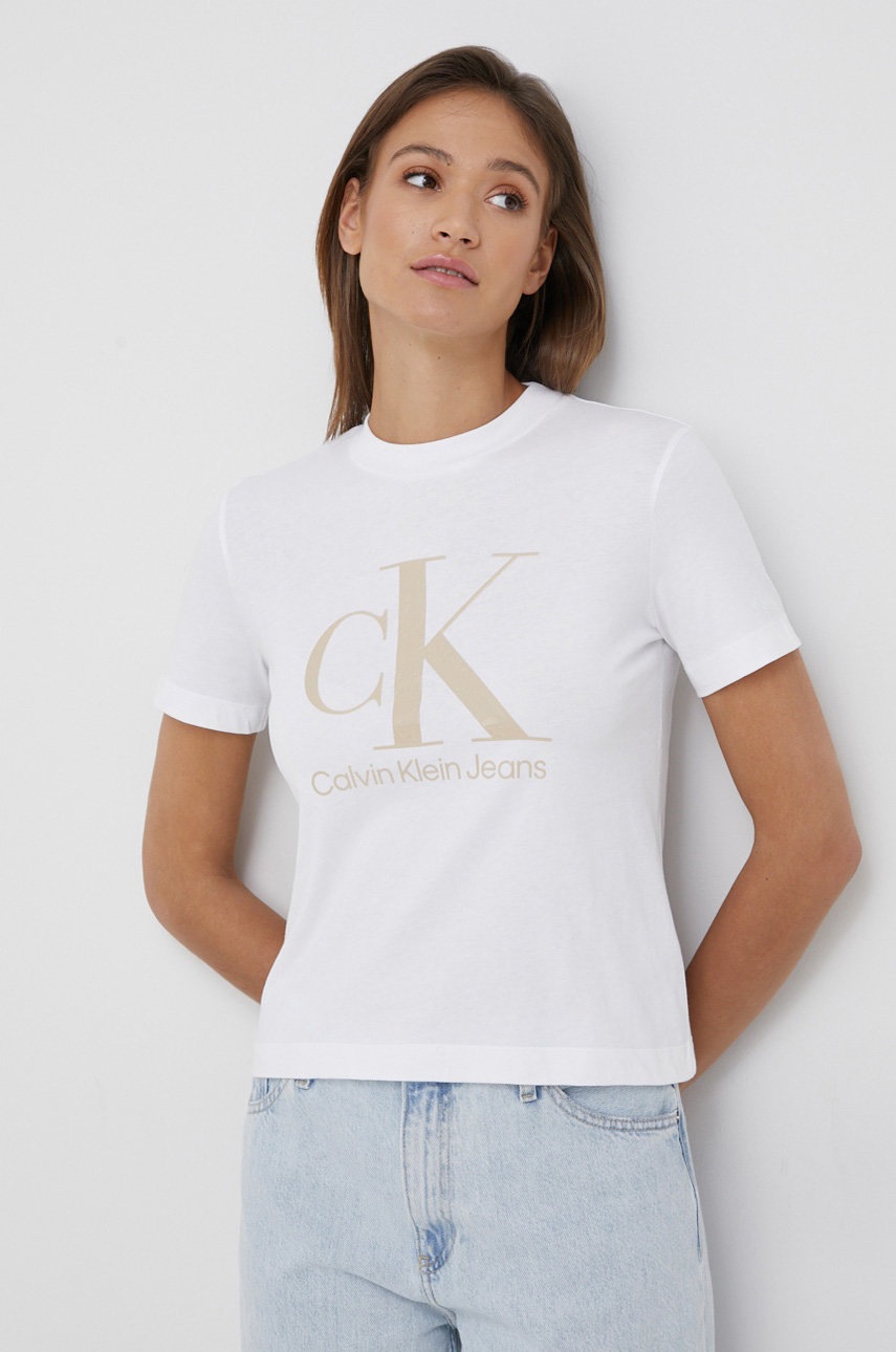 

Памучна тениска Calvin Klein Jeans в бяло, Бял