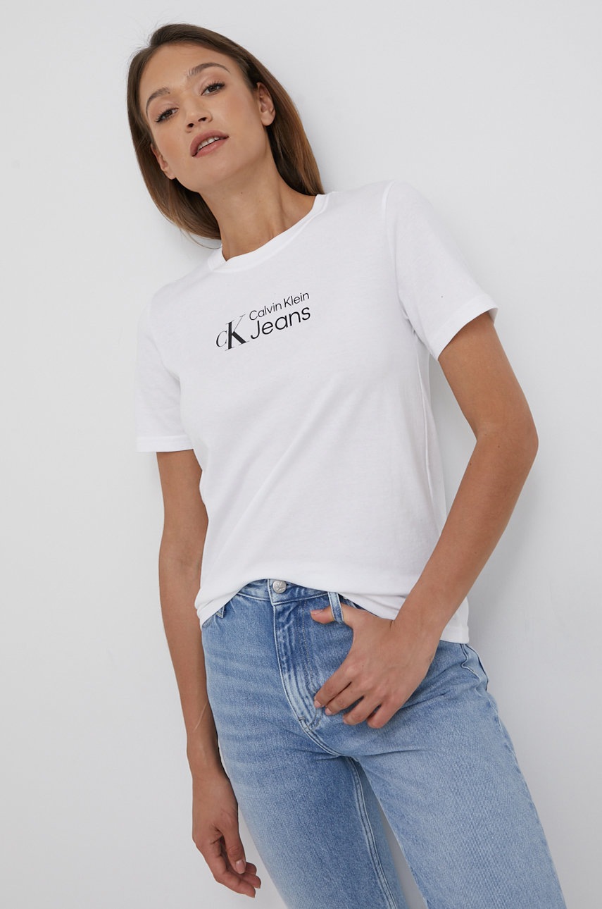 

Памучна тениска Calvin Klein Jeans в бяло, Бял
