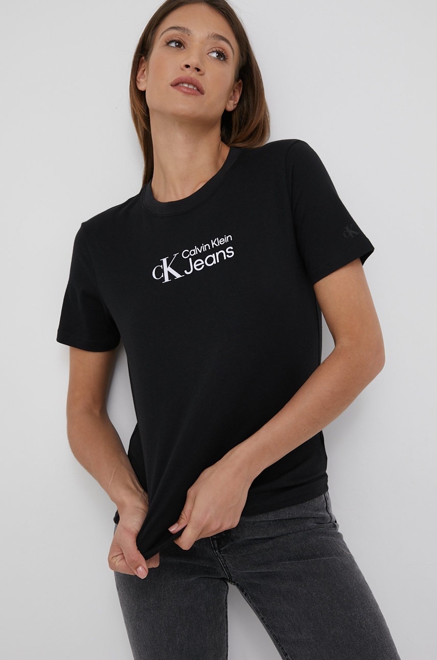 

Памучна тениска Calvin Klein Jeans в черно, Черен