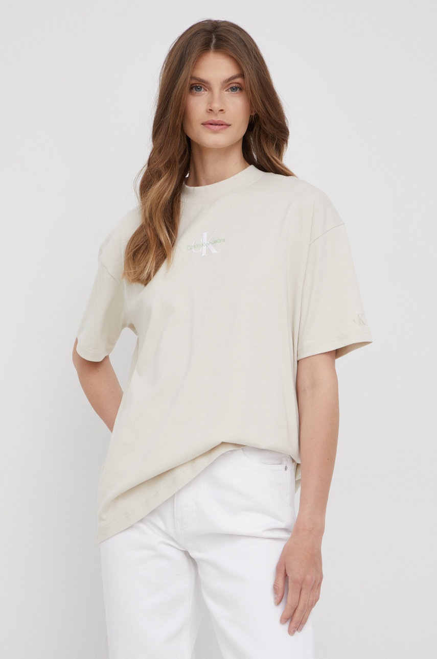 

Памучна тениска Calvin Klein Jeans в бежово, Бежов