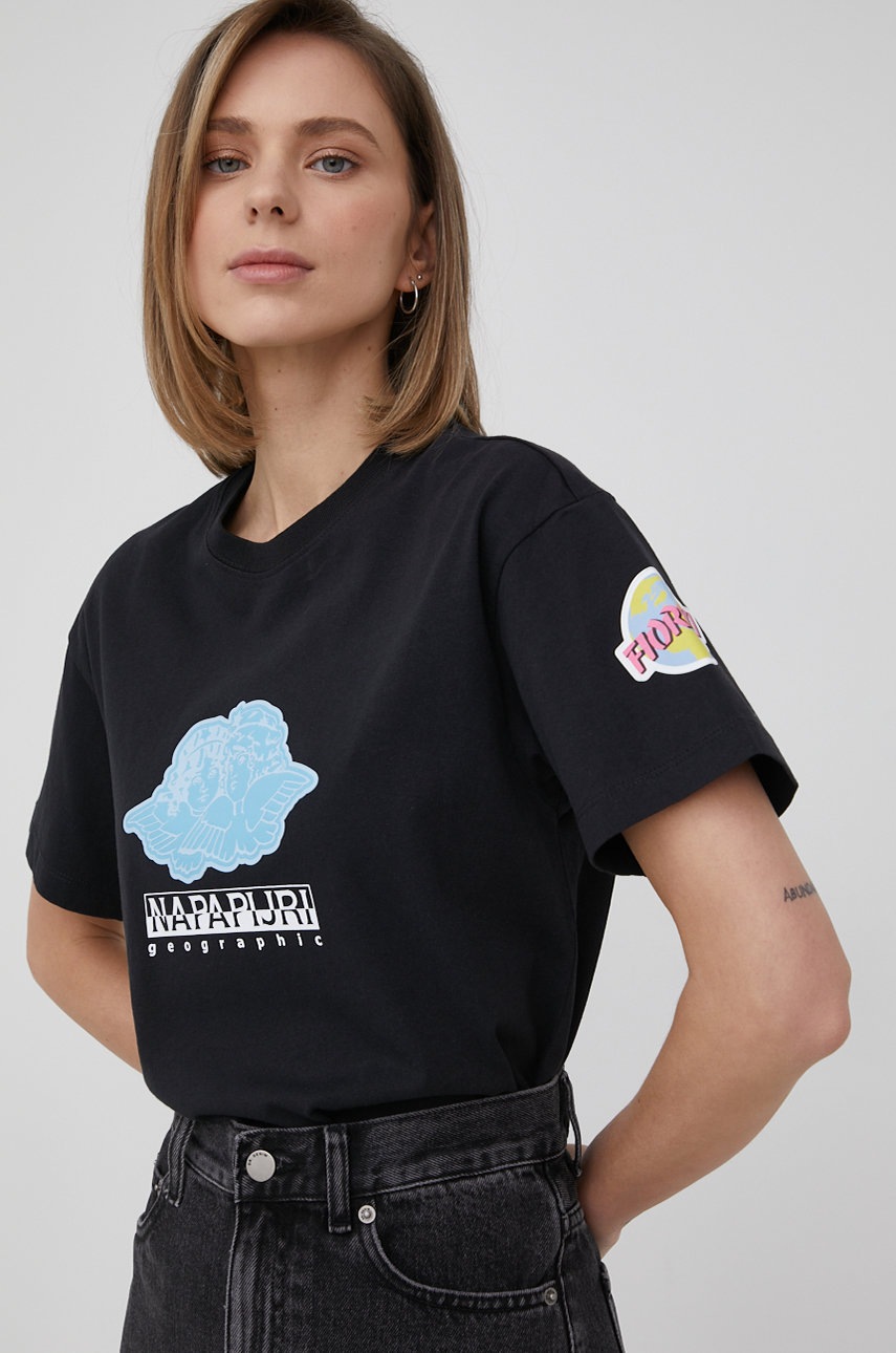 

Памучна тениска Napapijri Napapijri X Fiorucci в черно, Черен