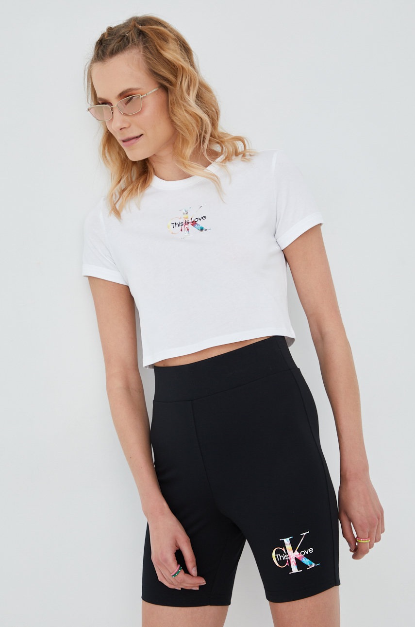 

Памучна тениска Calvin Klein Jeans в бяло, Бял