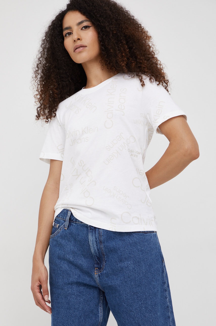 

Памучна тениска Calvin Klein Jeans в бяло, Бял