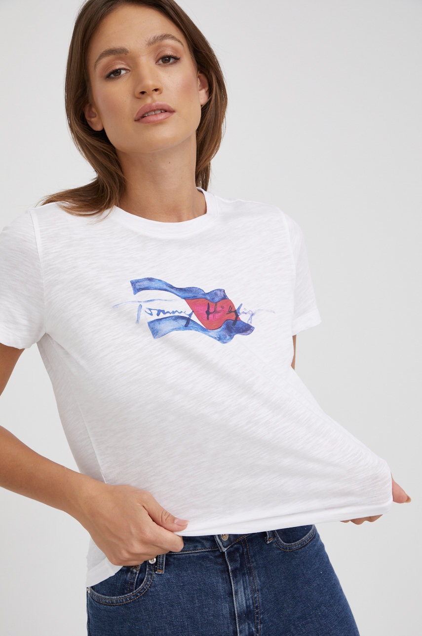 

Памучна тениска Tommy Hilfiger в бяло, Бял