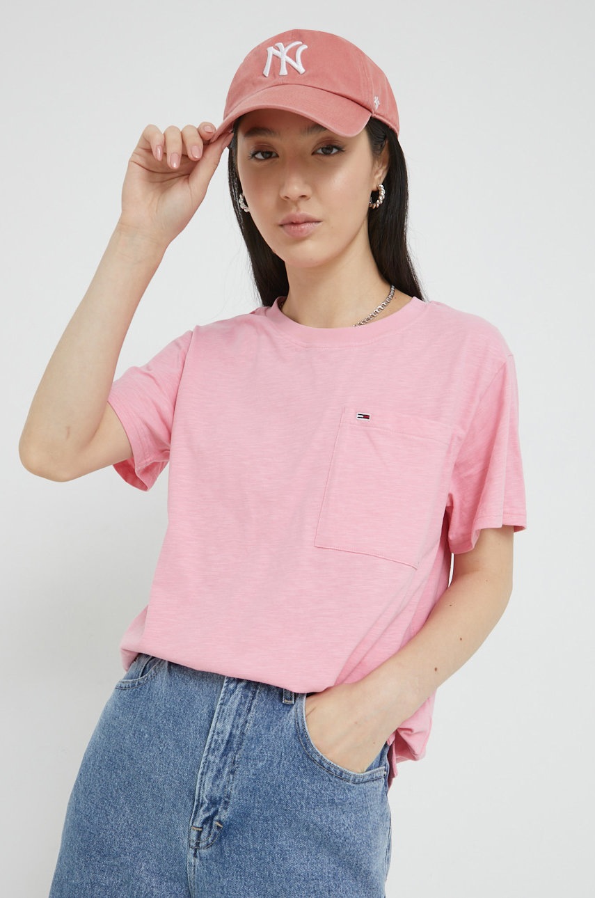 

Памучна тениска Tommy Jeans в розово, Розов