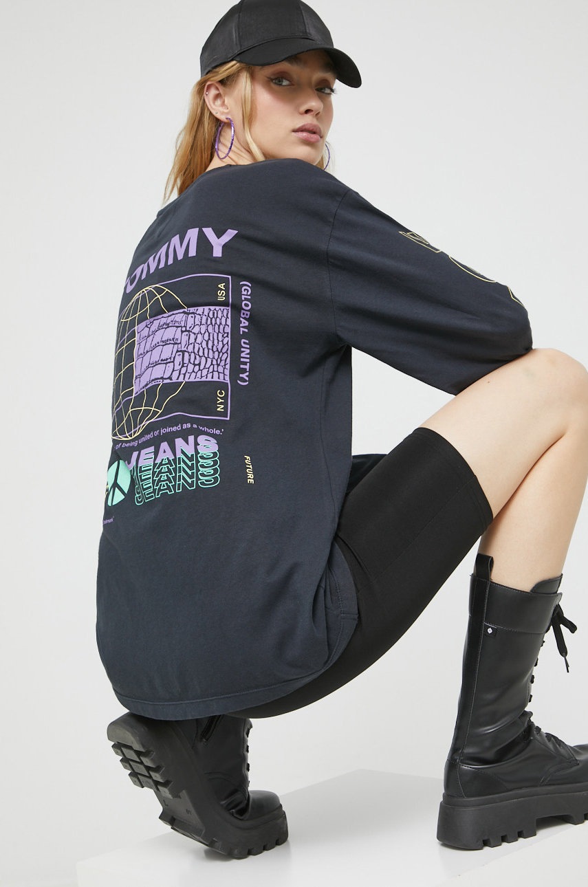 

Памучна блуза с дълги ръкави Tommy Jeans в черно, Черен