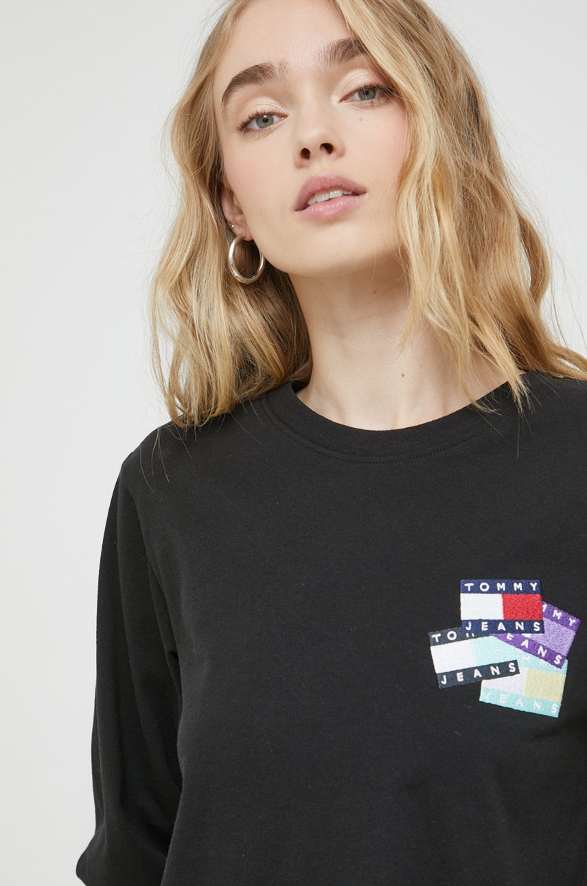 

Памучна блуза с дълги ръкави Tommy Jeans в черно, Черен