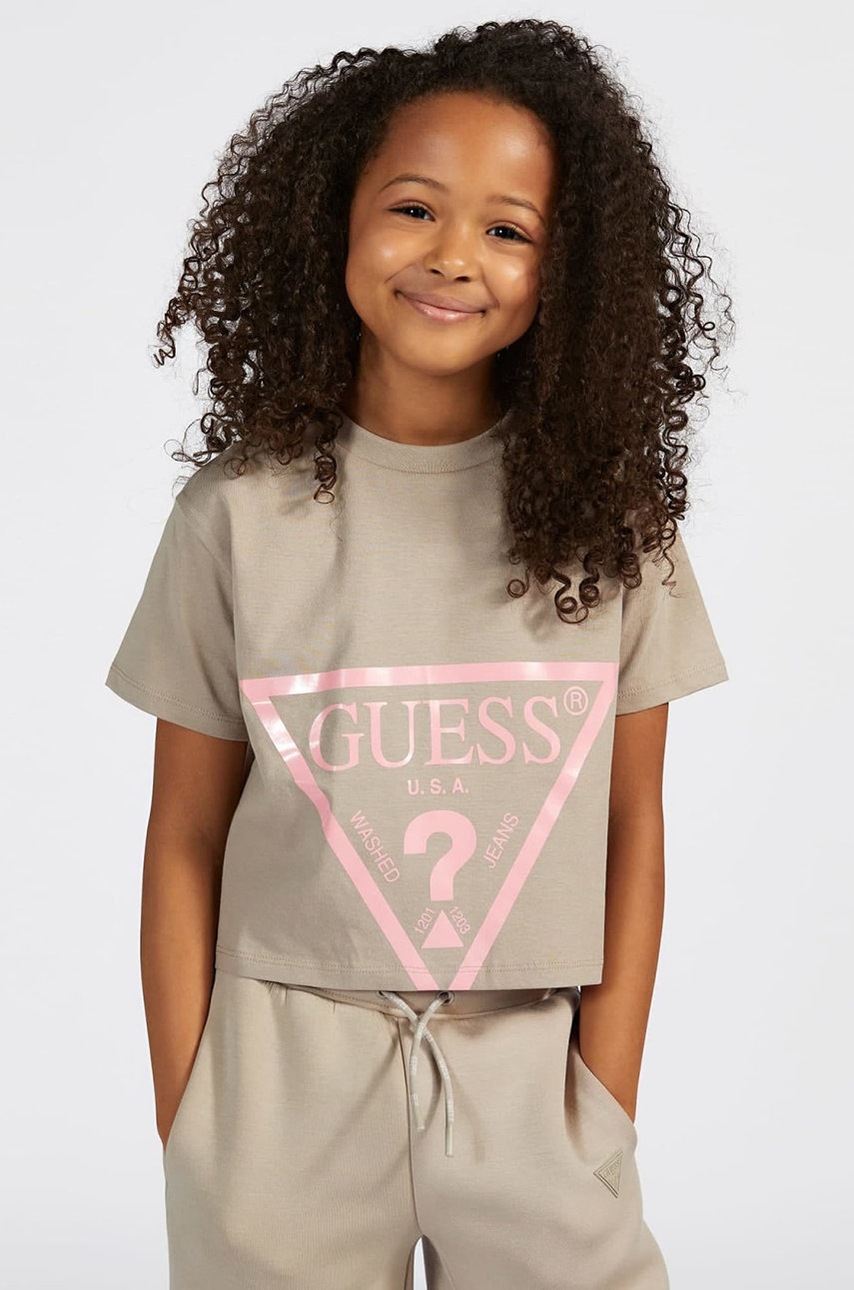 

Детска памучна тениска Guess, Бежов