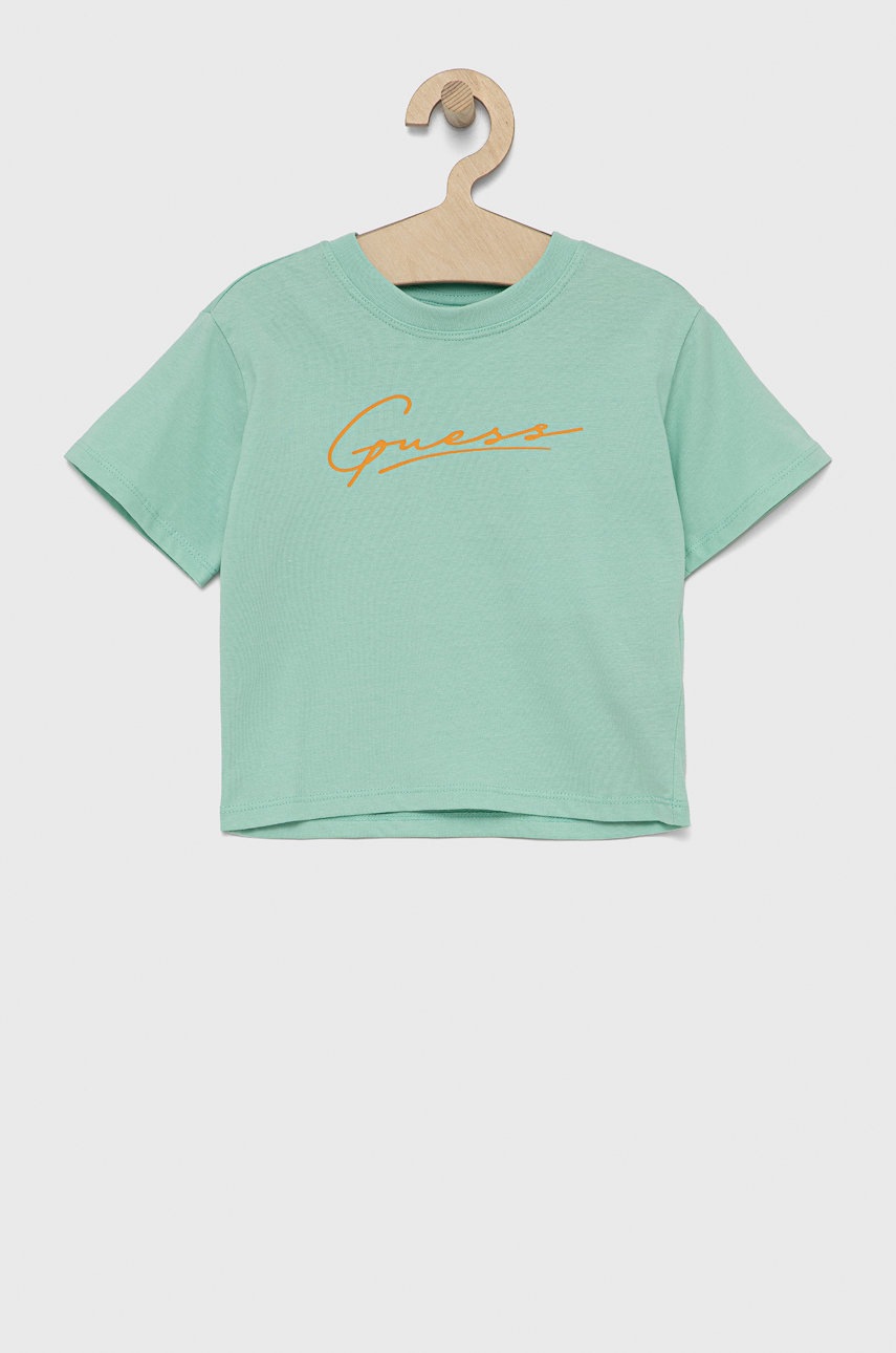 

Детска памучна тениска Guess в зелено, Зелен