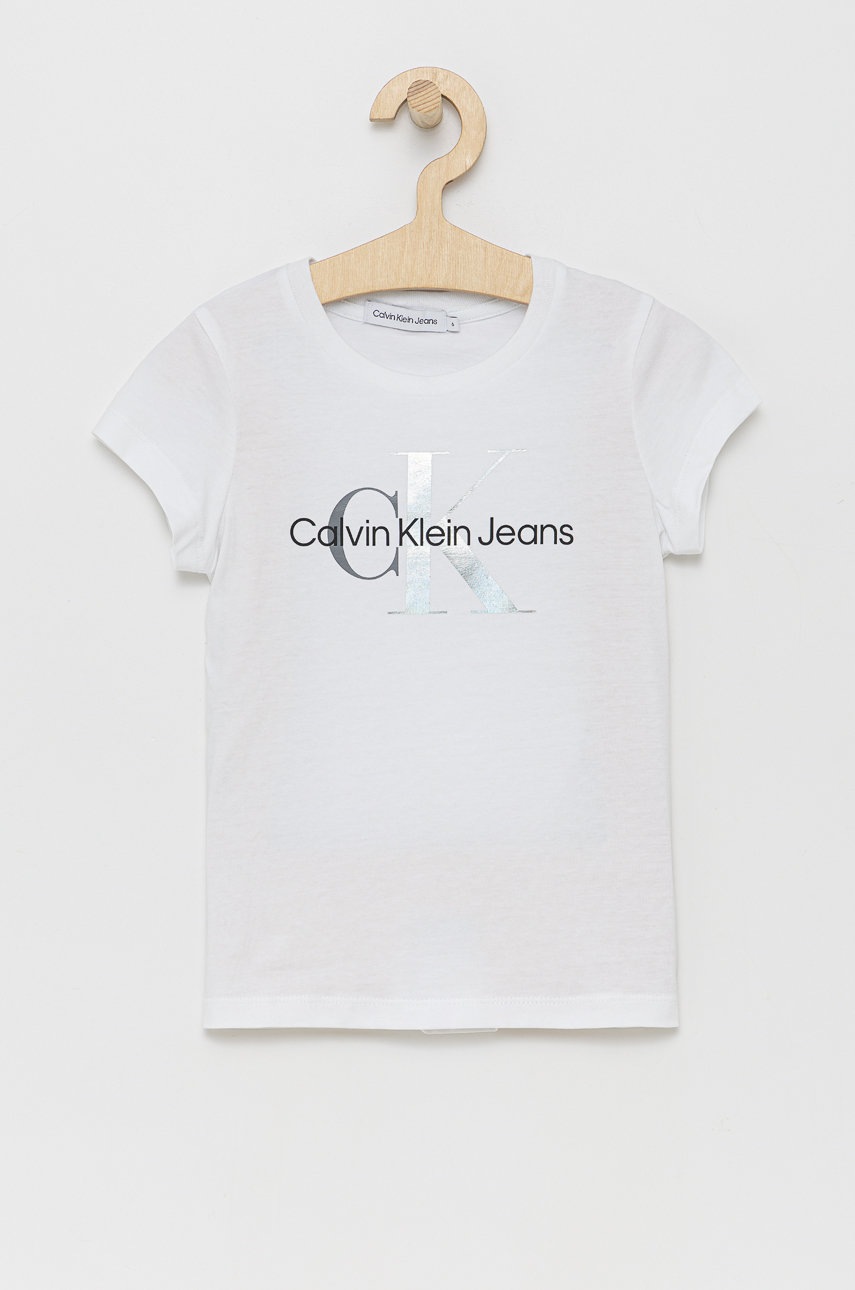 

Детска памучна тениска Calvin Klein Jeans в бяло, Бял