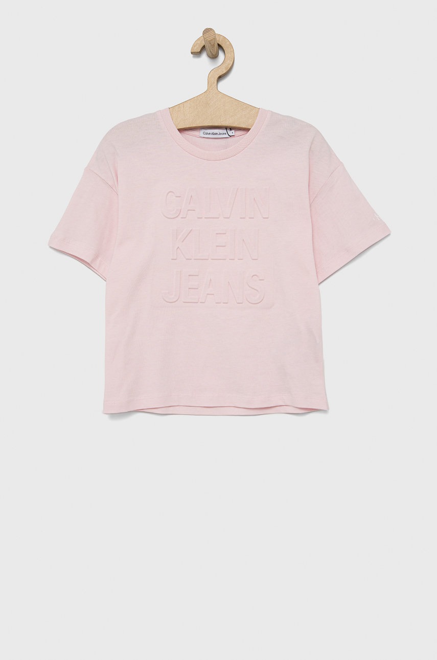 

Детска памучна тениска Calvin Klein Jeans в розово, Розов