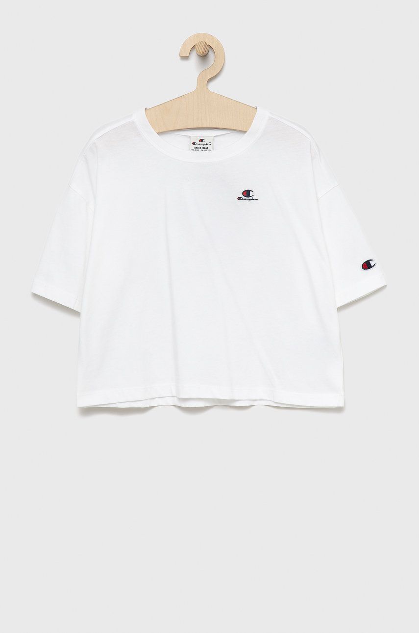 Levně Dětské bavlněné tričko Champion 404337 bílá barva