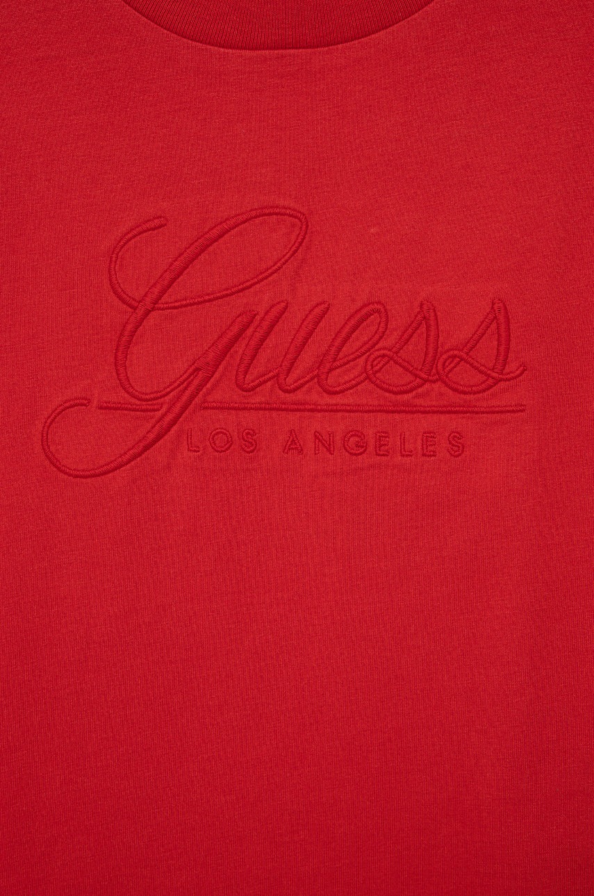 

Дитяча бавовняна футболка Guess колір червоний з аплікацією