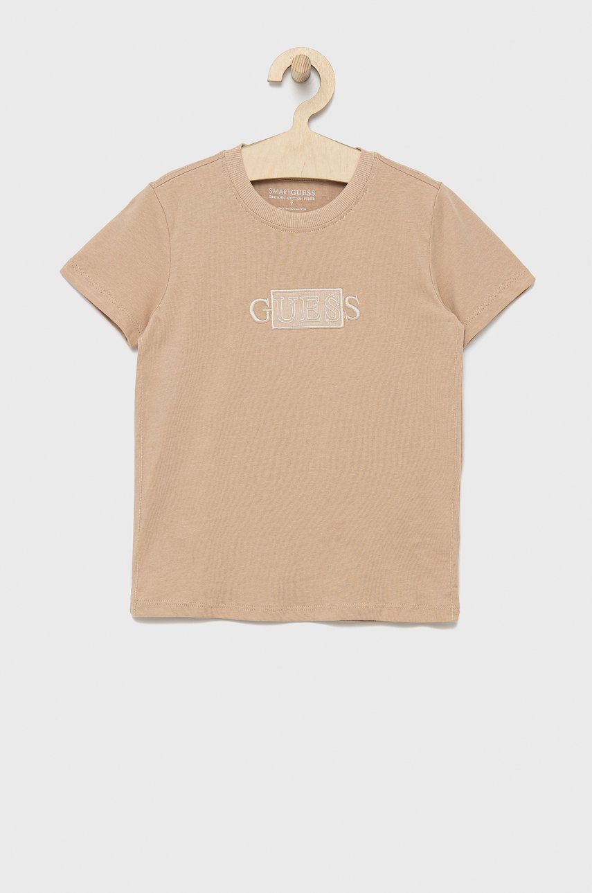 Guess t-shirt bawełniany dziecięcy kolor beżowy z aplikacją