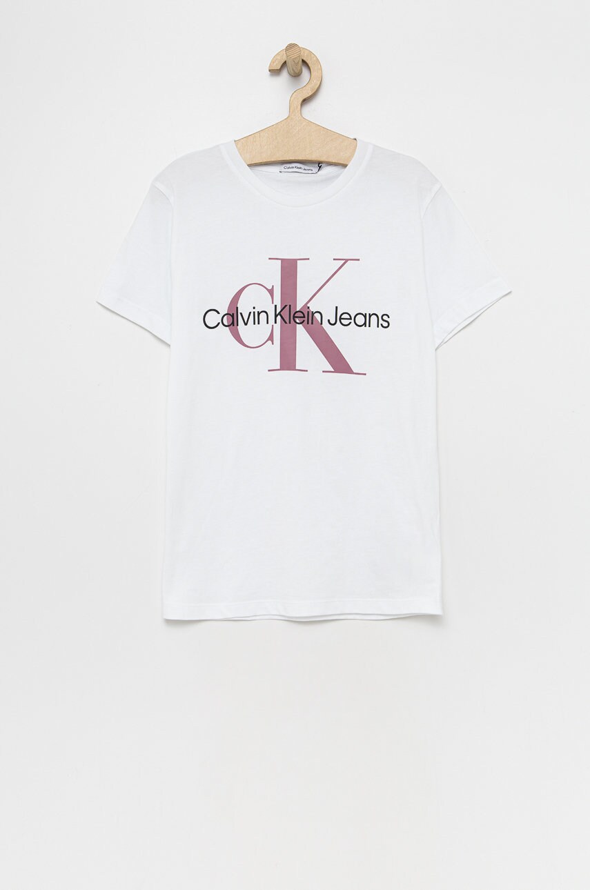 

Детска памучна тениска Calvin Klein Jeans в бяло с принт, Бял