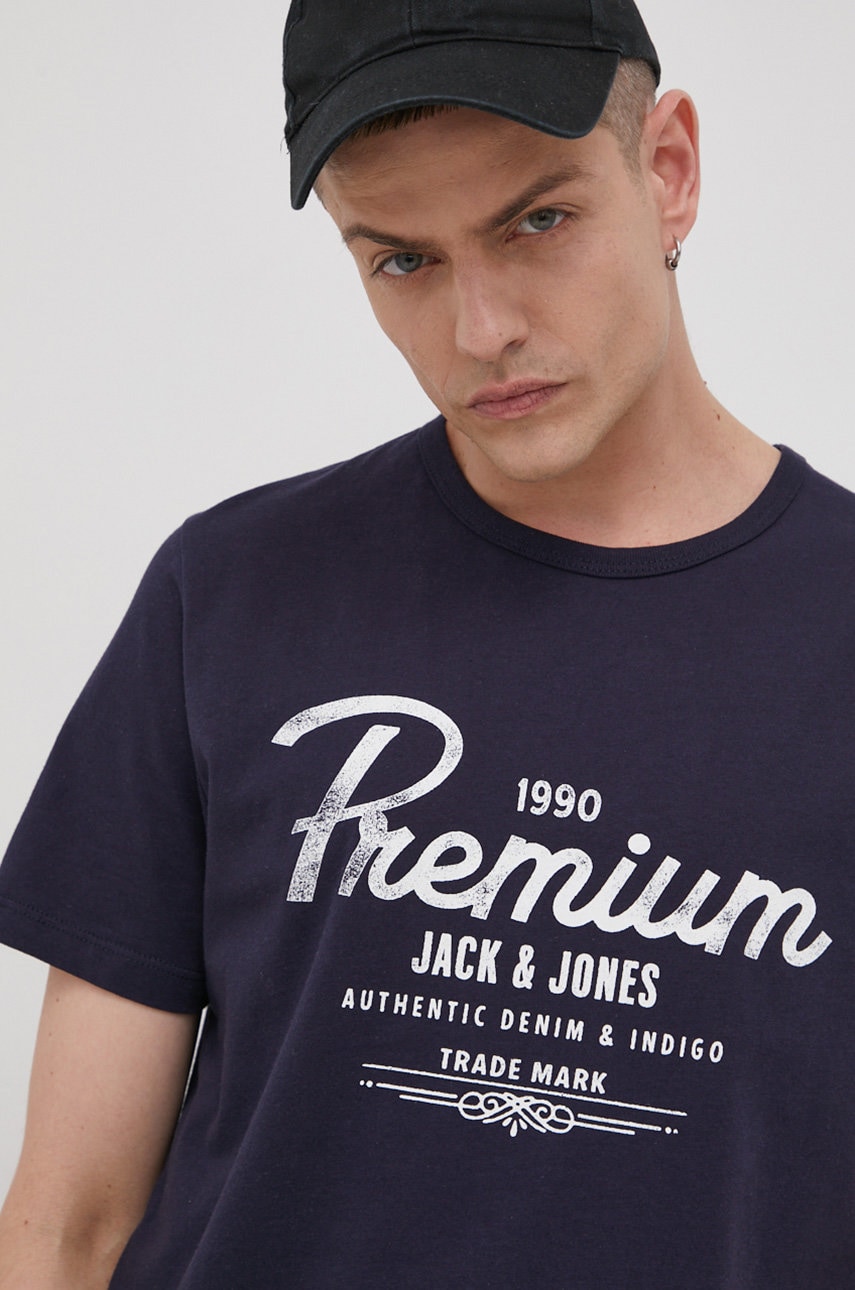 Premium by jack&jones tricou din bumbac culoarea albastru marin, neted