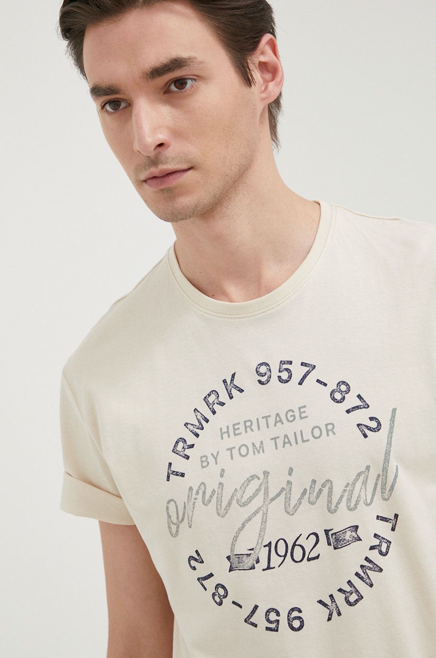 Tom Tailor tricou din bumbac culoarea bej, cu imprimeu