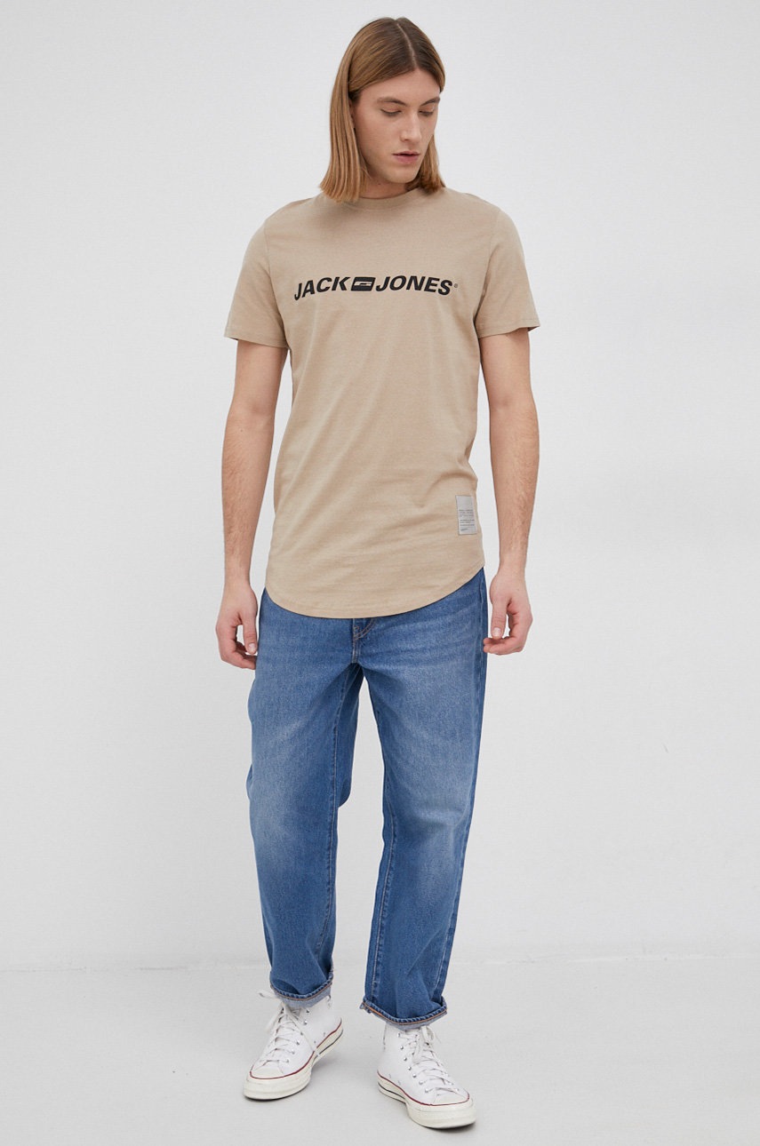 

Хлопковая футболка Jack & Jones цвет бежевый с принтом