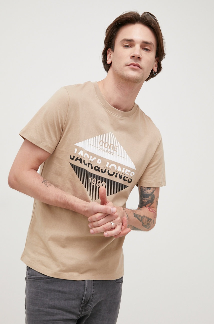 

Хлопковая футболка Jack & Jones цвет бежевый с принтом