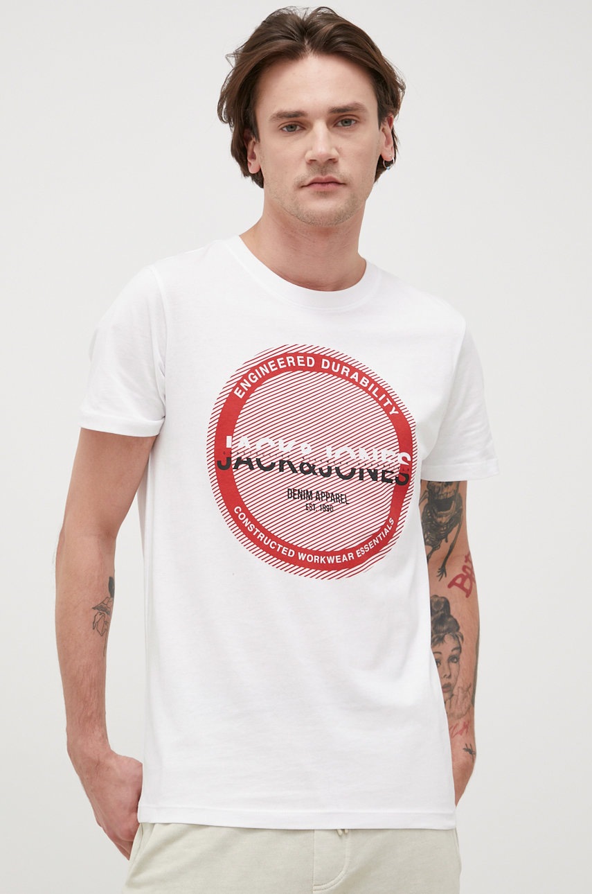 

Памучна тениска Jack & Jones в бяло с принт, Бял