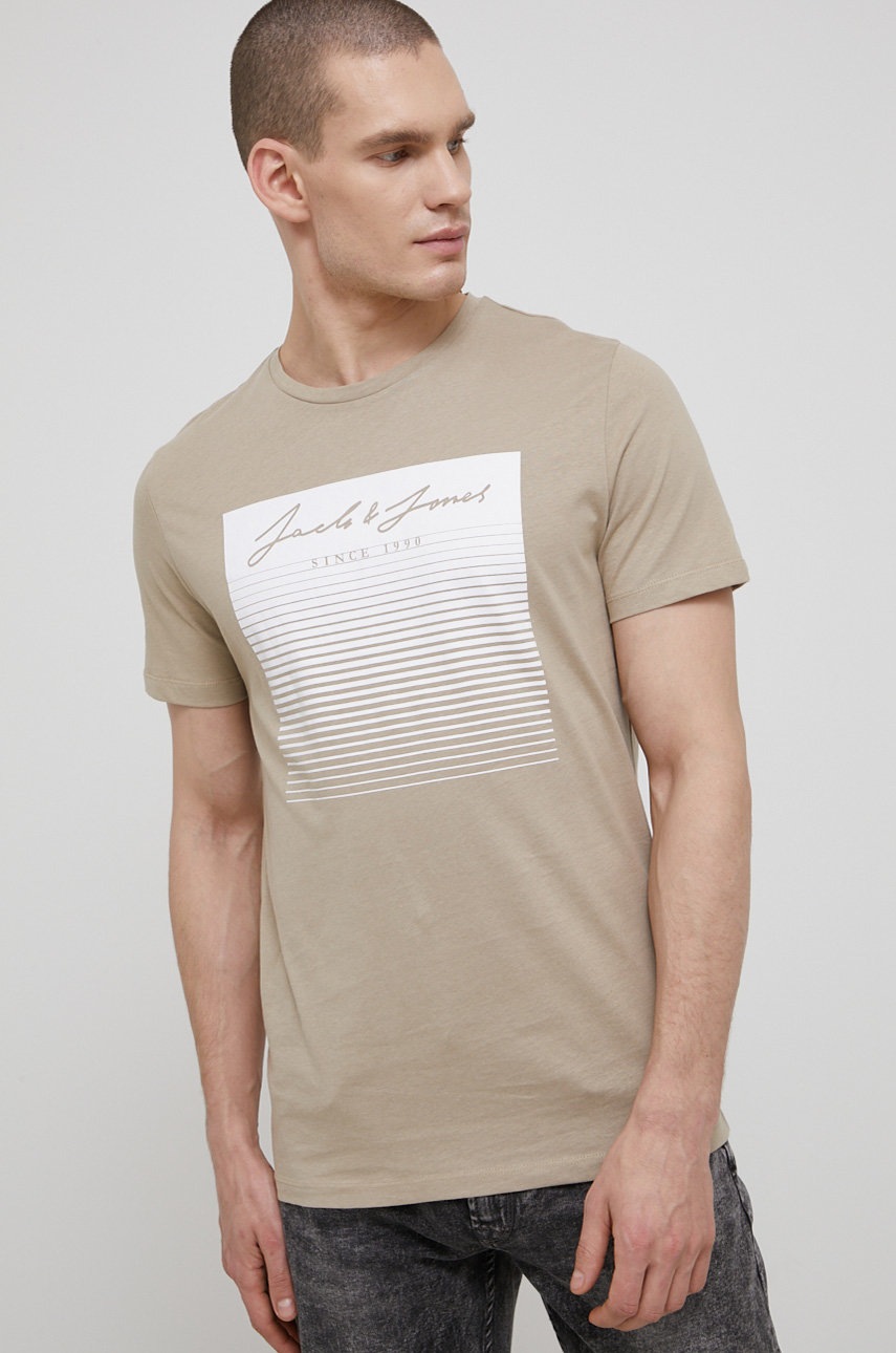 

Памучна тениска Jack & Jones в бежово с принт, Бежов