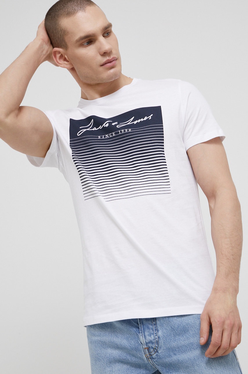 

Памучна тениска Jack & Jones в бяло с принт, Бял