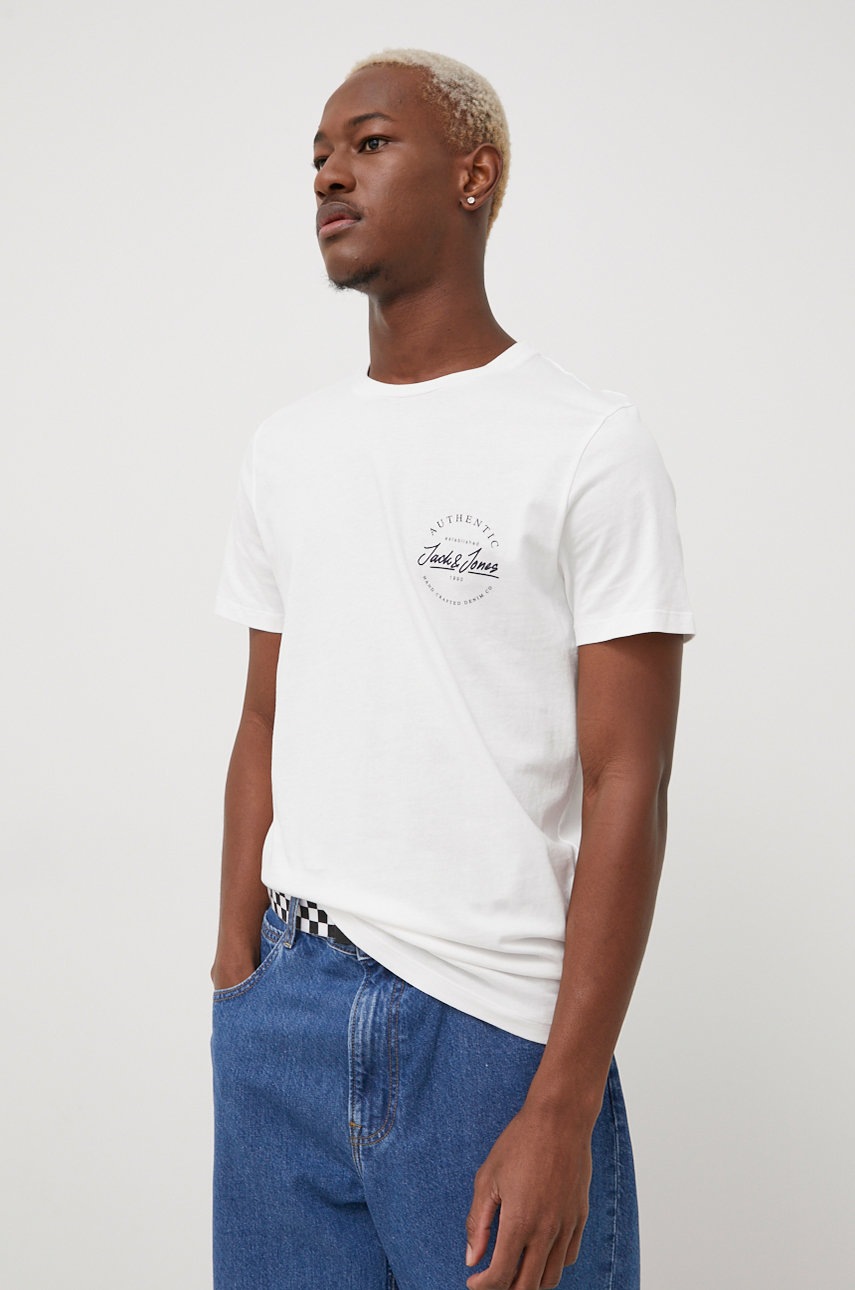 

Памучна тениска Jack & Jones в бяло с принт, Бял