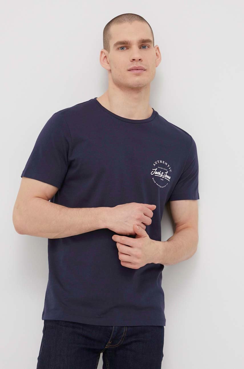 

Памучна тениска Jack & Jones в тъмносиньо с принт, Тъмносин