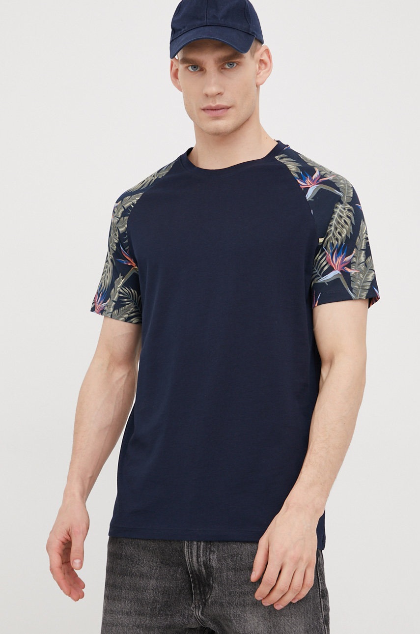 

Памучна тениска Jack & Jones в тъмносиньо с десен, Тъмносин
